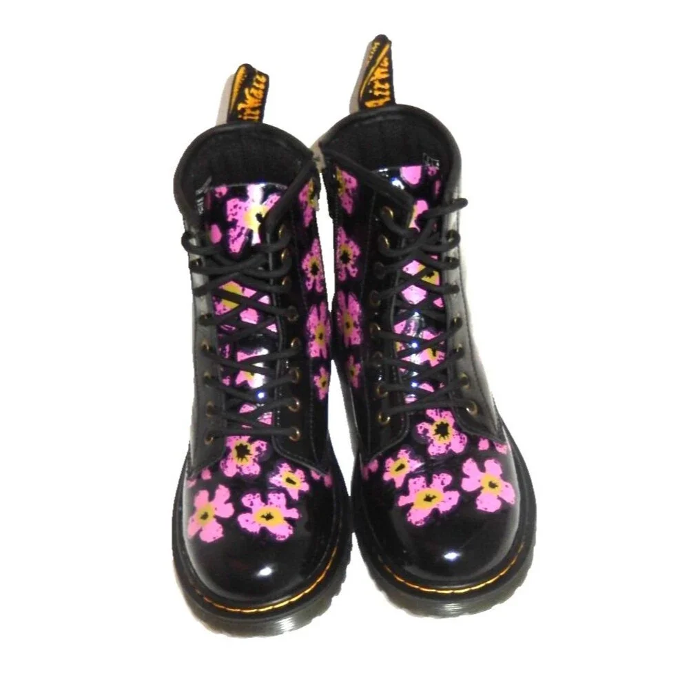 Dr. Doc Martens Pansey Fayre Combat Boots Patent Leather Girl's 4 Black Floral